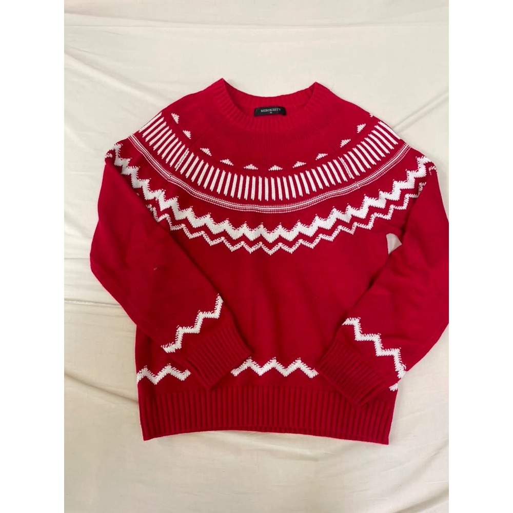 Merokeety Womens Red Fair Isle Knit Crewneck Sweater Holiday Long Sleeve Size M